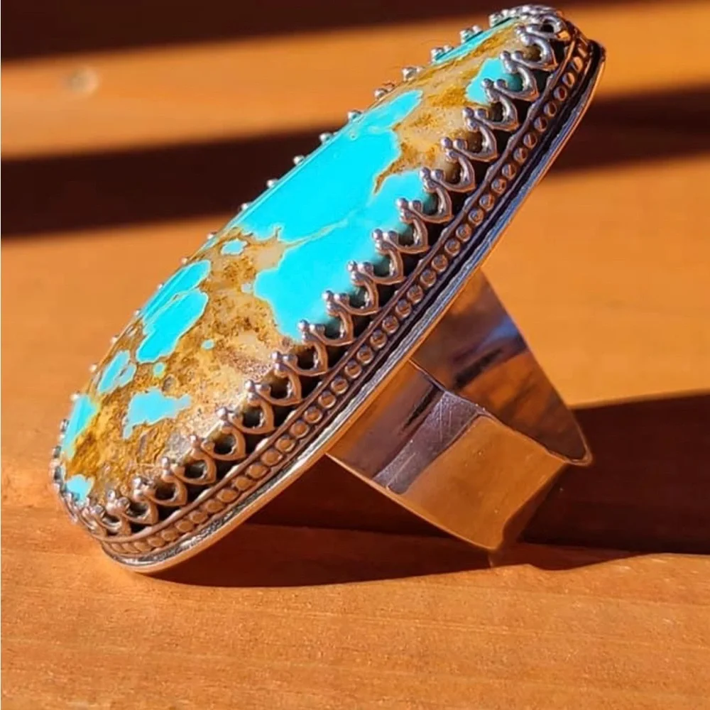Handmade Kingsman Gold Turquoise Sterling Silver Ring - Picture 4 of 4